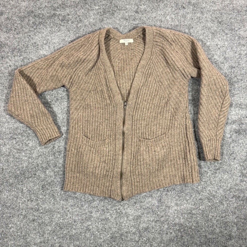 Madewell Zip Up Cardigan Ribbed Knit Women M (Fit S) Brown 100% Merino Wool